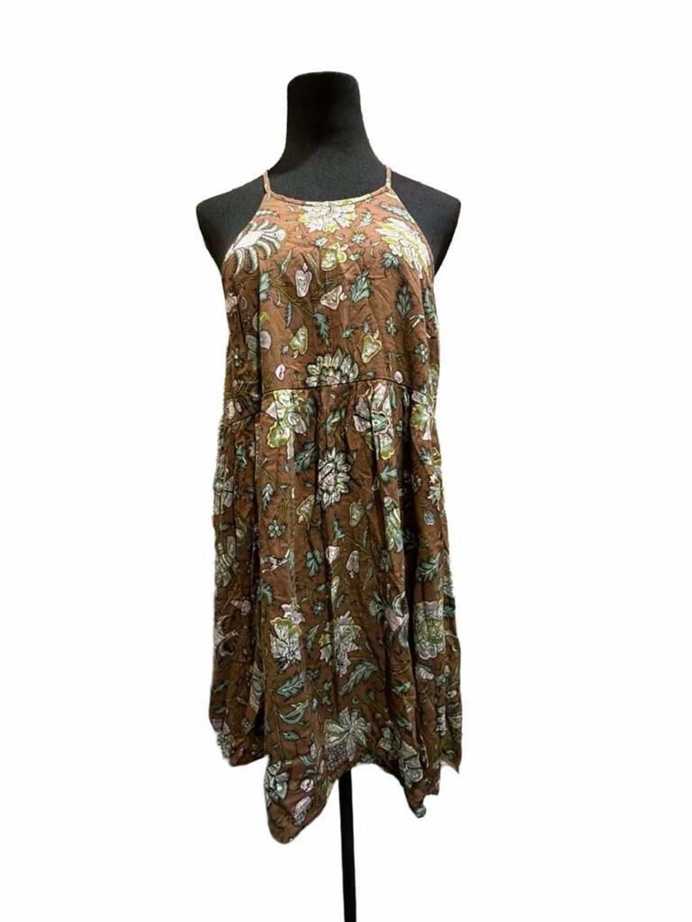 760 Entro Floral Halter Dress Size L Brown Boho Sundress